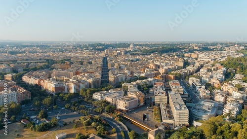 Rome  Italy. View of the Vatican. Dome of the Basilica di San Pietro  Flight over the city. Morning hours  Aerial View
