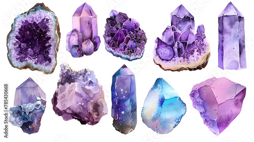 Set of amethyst crystals isolated on white background.