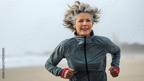 Cheerful mature woman running on the beach on a sunny day. Beautiful middle aged woman laughing, being active and having fun during summer vacation. #785430693