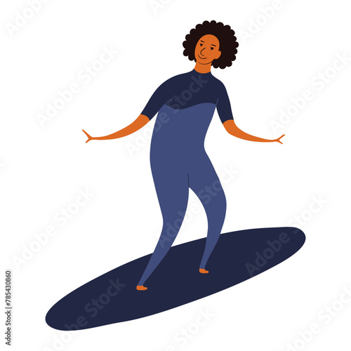 Young man in wetsuit surfing on surfboard cute cartoon character illustration. Hand drawn flat style design, isolated vector. Summer holidays, vacations, outdoors, beach activity, seasonal element