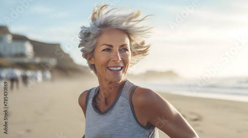Cheerful mature woman running on the beach on a sunny day. Beautiful middle aged woman laughing, being active and having fun during summer vacation.