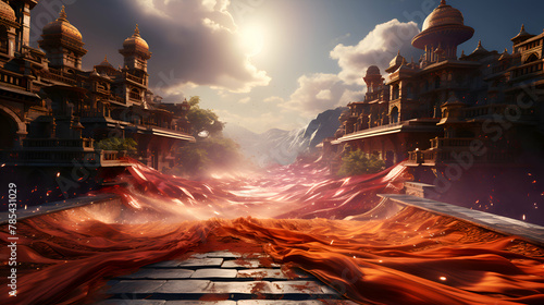 Fantasy landscape with red cloth and temple. 3d illustration.