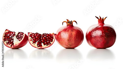 Whole and sectioned pomegranates revealing seeds, with one cut piece and scattered arils on white background. 