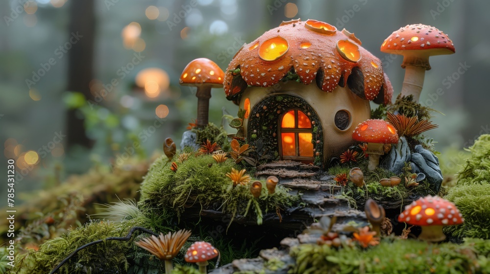 Mushroom fairy house in forest, blending with natural landscape - obrazy, fototapety, plakaty 