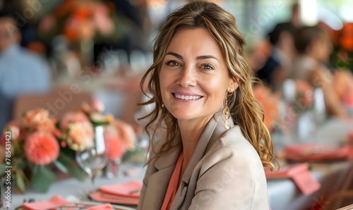 40 year old woman focal point, women at a women's corporate lunch event, wearing soft colors, grey and corporate style attire, dining room table, restaurant room