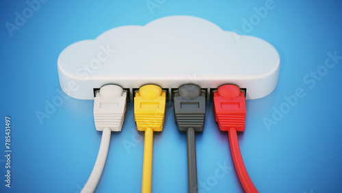 Colorful network cables connected to the cloud shape. 3D illustration © Destina