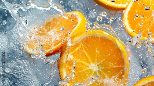 Fresh orange slices splashing in water with vibrant citrus vibes photo