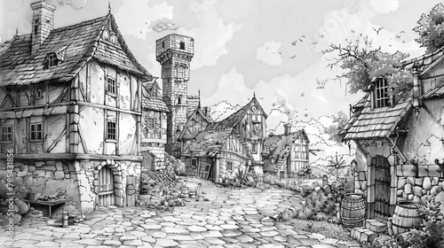 Pencil and ink illustration of a medieval fantasy vill photo