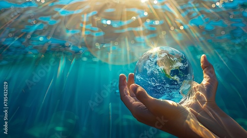 Sunlit hands holding a transparent globe under sparkling water