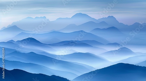 Serene blue mountain landscape in misty morning light