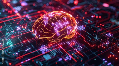 Glowing digital brain on futuristic circuit background