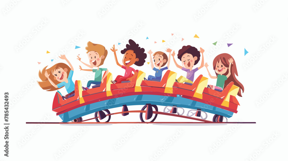Excited children riding roller coaster having fun