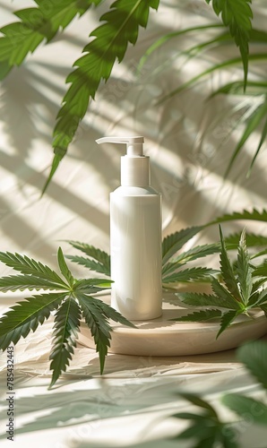 A bottle of cosmetic or skincare product surrounded by cannabis leaves, in a naturally lit setting with shadow patterns