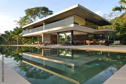 House Modern. Luxury Home with Swimming Pool and Modern Architecture Design © AIGen