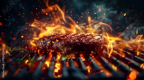 Sizzling steak on flaming grill capturing the essence of barbecue photo