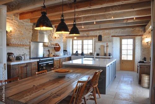 Interior Design Lighting. Modern Farmhouse Kitchen with Spacious Indoor Area photo