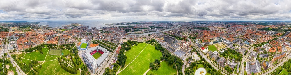 Copenhagen, Denmark. Panorama of the city in summer. Cloudy weather. Panorama 360. Aerial view