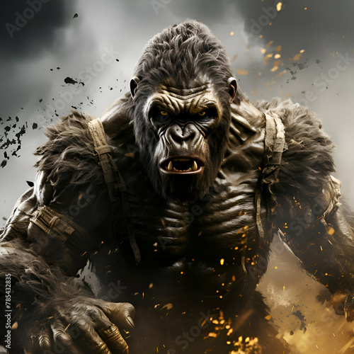 Angry gorilla in a dark stormy sky. Halloween concept.