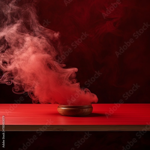 Red background with a wooden table and smoke. Space for product presentation