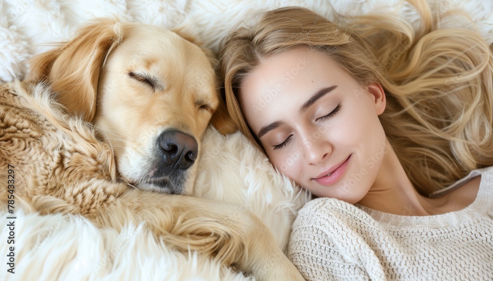 Young woman and dog peacefully sleeping in cozy white bed at home, creating heartwarming scene Young woman and dog peacefully sleeping in cozy white bed at home, creating heartwarming scene