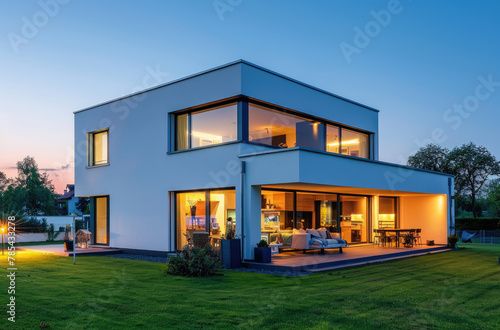 A modern house with white walls and windows illuminated at night, surrounded by green grass in the countryside of Germany. © Kien