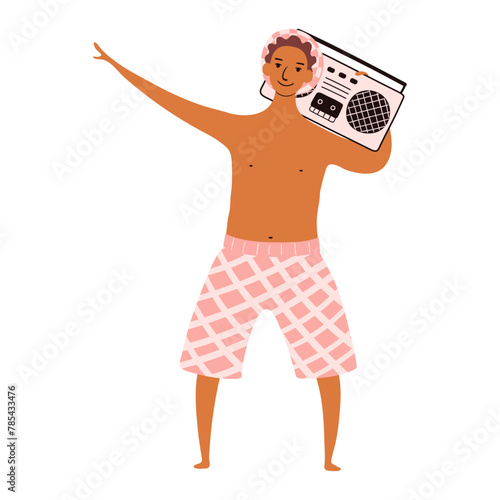 Young man in trunks with stereo cute cartoon character illustration. Hand drawn flat style design, isolated vector. Summer holidays, vacations, outdoors, beach activity, pool party, seasonal element