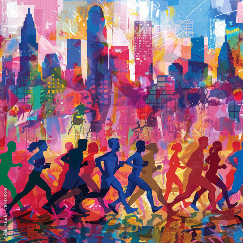 llustrative colorful silhouettes of people running in the city photo