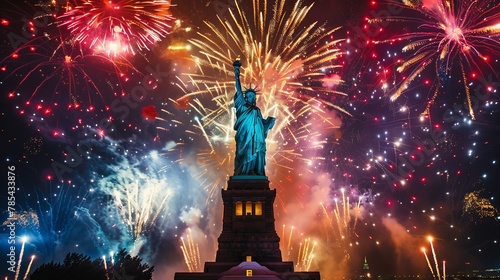 Fireworks Celebration: Include bursts of colorful fireworks illuminating the sky behind the Statue of Liberty. Generative AI
