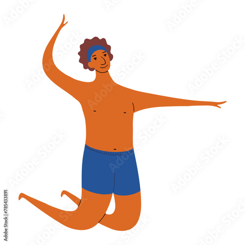 Young man in trunks playing beach volleyball cute cartoon character illustration. Hand drawn flat style design, isolated vector. Summer holidays, vacations, outdoors, beach activity, pool element