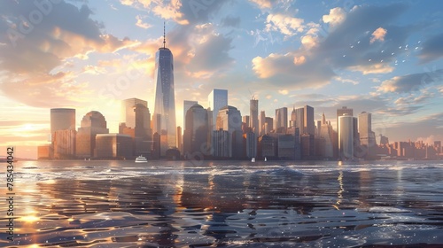 Historical Context: Include subtle elements related to American history or landmarks in the background, such as the New York City skyline, Ellis Island, or the One World Trade Center. Generative AI