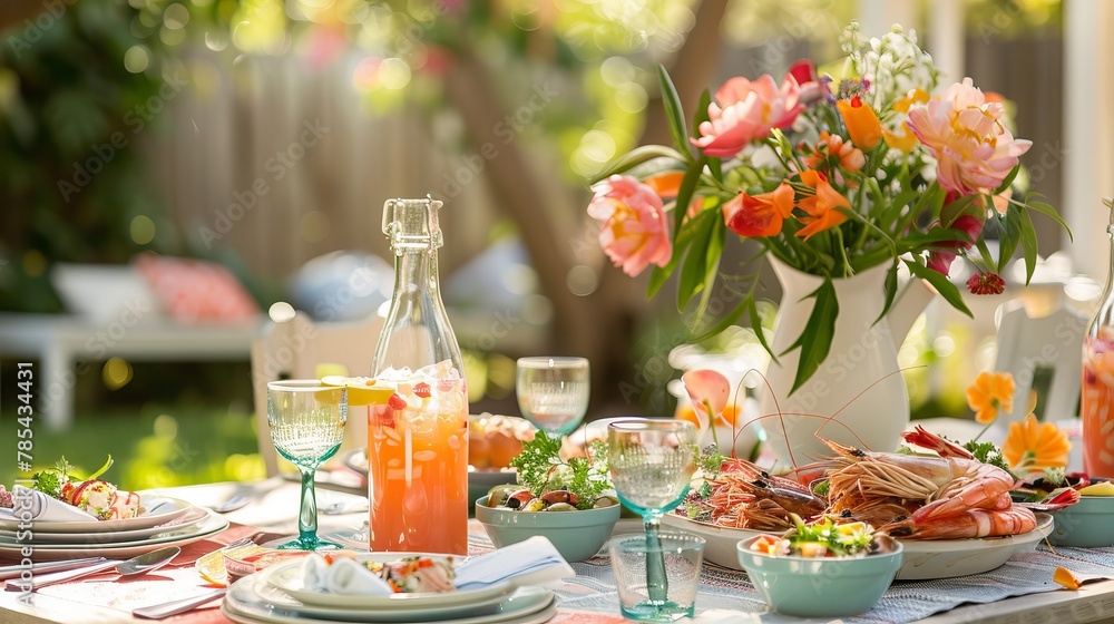 Outdoor Dining: Photograph a charming outdoor dining setup with a table adorned with colorful tableware, fresh flowers, and delicious summer dishes like grilled seafood, salads, and refreshing drinks.
