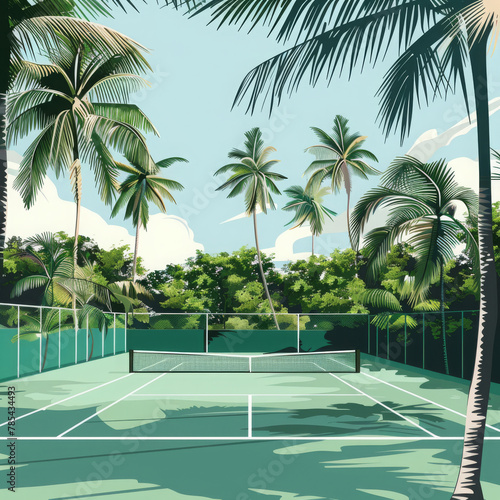 illustration of tennis court surrounded by palms