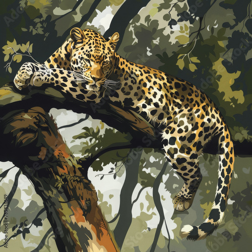 illustrative leopard, Panthera pardus kotiya, Big spotted wild cat lying on the tree in the nature habitat photo