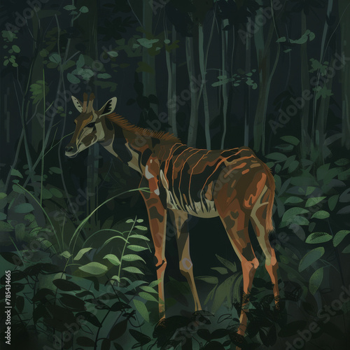 illustrative Okapi, Okapia johnstoni, brown rare forest giraffe, in the dark green forest habita photo