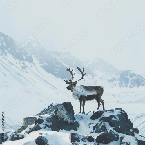 llustrative Caribou in snow. Deer on rocky mountain in snowy habitat photo