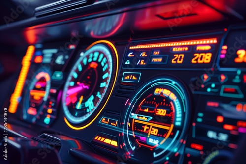 A car dashboard with a neon blue screen displaying the speedometer © SVasco