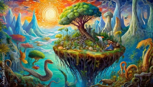 surreal oil painting of blended ecosystems and imaginary creatures