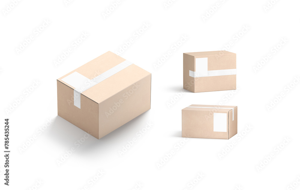 Fototapeta premium Blank white shipping label on craft box mockup, different sides