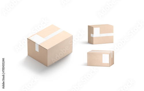 Blank white shipping label on craft box mockup, different sides (ID: 785435244)