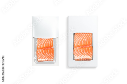 Blank white box and transparent label pack with salmon mockup (ID: 785435418)