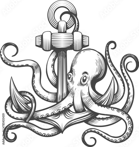 Engraving octopus and anchor tattoo