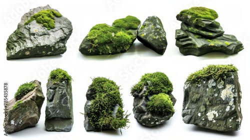 A collection of mossy rocks with varying sizes and shapes