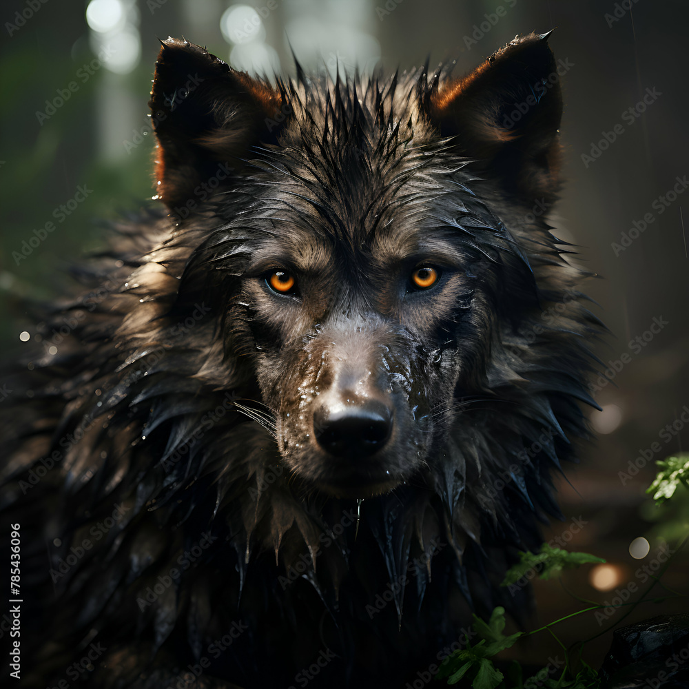 Wet wolf in the forest. Portrait of a wolf. Wet wolf in the forest. Portrait of a wolf.