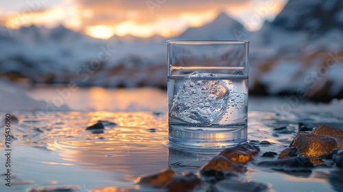 A transparent glass glass with drinking mountain water on the background of snow-capped mountains. The concept of drinking mineral water
