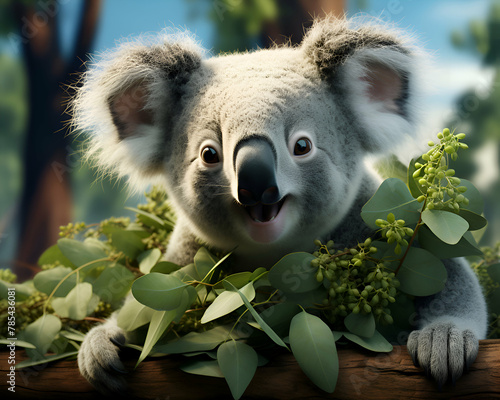 Cute koala with eucalyptus leaves in her mouth