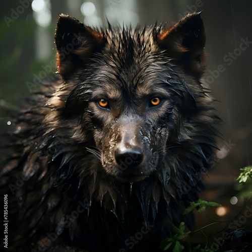 Wet wolf in the forest. Portrait of a wolf.