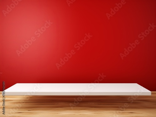 Red background with a wooden table, product display template. Red background with a wood floor. Red and white photo © Celina