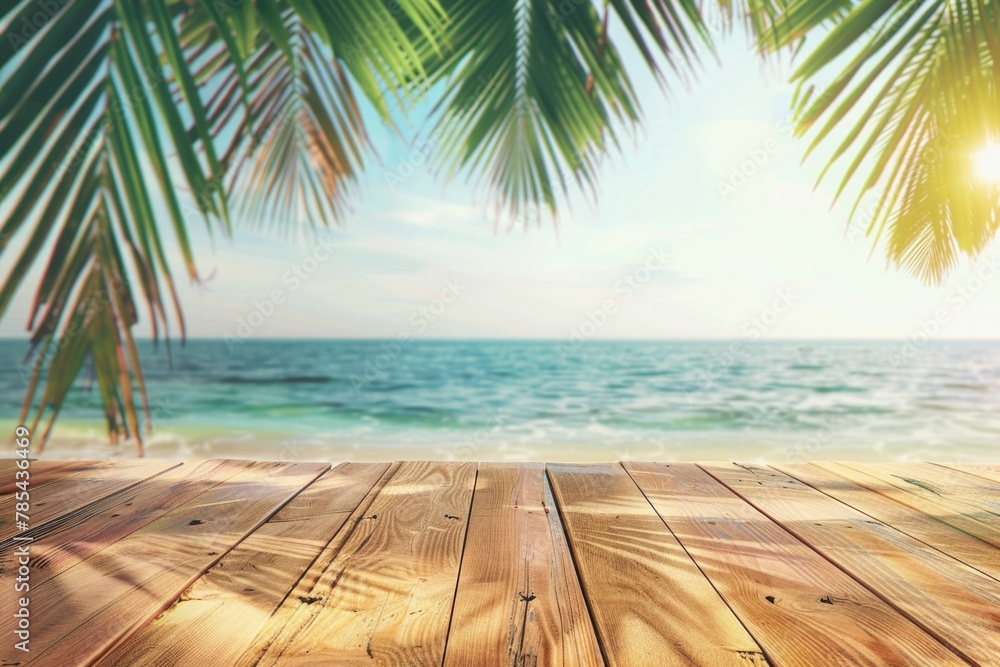 Wood Background Summer. Beach Seascape with Palm Leaves on Wooden Table