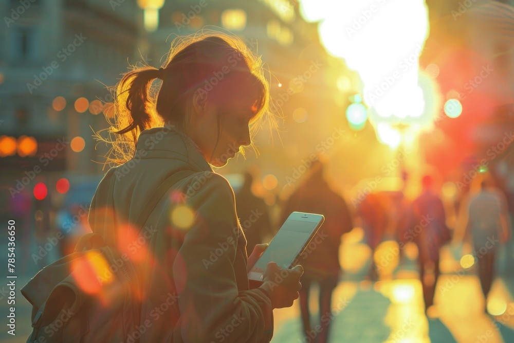 Person In City. Lady Enjoying Sunset Conversation with Friends Outdoors Person In City. Lady Enjoying Sunset Conversation with Friends Outdoors