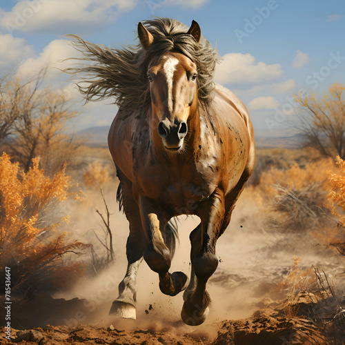 Horse run gallop in the steppe at sunset. 3d rendering